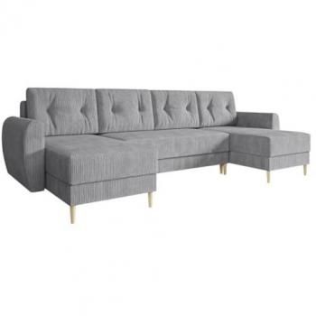 Sofá rinconero Memphis 140, gris, con función de descanso y caja de ropa de cama, dimensiones 307x139x95cm