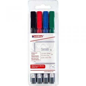 Set de 4 Marcadores para Pizarra Blanca Edding 361, Punta Fina de 1 mm, Colores Mezclados (Negro, Azul, Verde, Rojo)