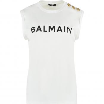 Balmain Women's Cotton Tank Top - White, Size Small, AF1ED000BB02, Logo Print Sleeveless Top