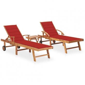 Teak Wood Sun Loungers Set of 2 with Table and Cushions