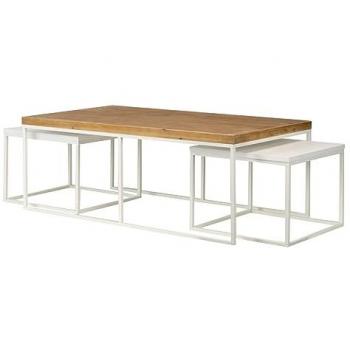 Set de 3 Mesas Adda Home Metal y Madera, Natural/Blanco, Abeto/MDF/Hierro, Dimensiones: 120x70x46 cm (mesa grande), 50x50x38 cm (2