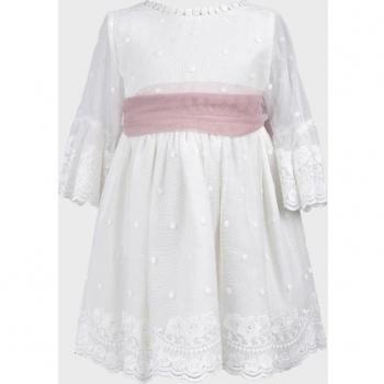 Vestido de bebé niña blanco de algodón con media manga y cinturón en contraste