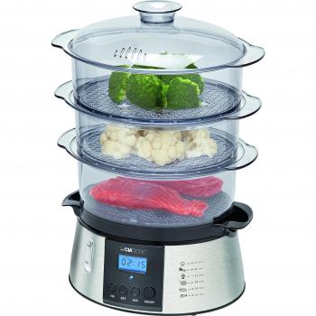 Clatronic DG 3547 - Cocina al Vapor Eléctrica con Pantalla LCD, 3 Recipientes y Potencia de 800W, Color Negro y Acero Inoxidable