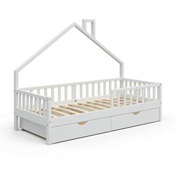 Cama en forma de casa Noemi, Blanco, 90x200 cm con 2 cajones y barrera anti-caída