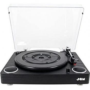 Jam Play Tocadisco Para Vinilos, correa de transmisión de 3 velocidades para un sonido superior, cartucho de cerámica, altavoces estéreo integrados, entrada auxiliar, salida RCA y cubierta antipolvo