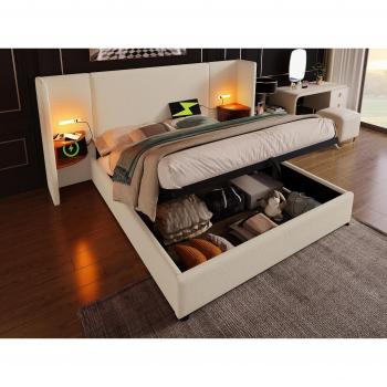 Cama contenedor de lino 180x200 cm - 2 mesitas de noche con luz de lectura y función de carga - con somier - Beige