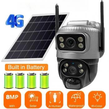 Cámara Solar 4K 8MP 4G con Tarjeta SIM, Lentes Dobles, WIFI, Visión Nocturna, Pantalla Doble, Batería y Detección de Movimiento PIR para Videovigilancia