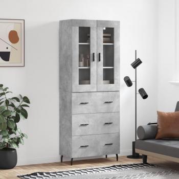 Aparador alto de madera contrachapada gris hormigón 69,5x34x180 cm con 3 cajones, mueble de almacenaje para salón, buffet y armario auxiliar