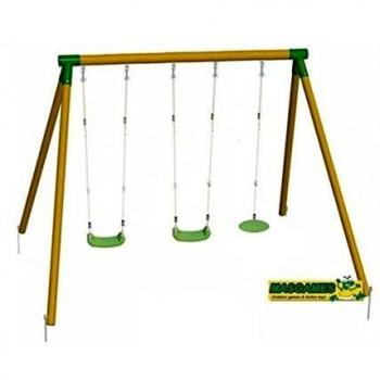 MASGAMES | Columpio de Madera KIBO Plus | 2 Asientos Planos de plástico y Cuerdas Regulables + Asiento ovni | Madera tratada | Anclajes incluidos | Uso doméstico |
