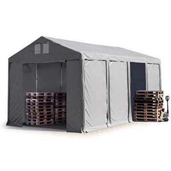 TOOLPORT Carpa almacén 4x8 m - altura lateral de 3,0 m con puerta con cremallera, PVC 850, gris, 100% impermeable