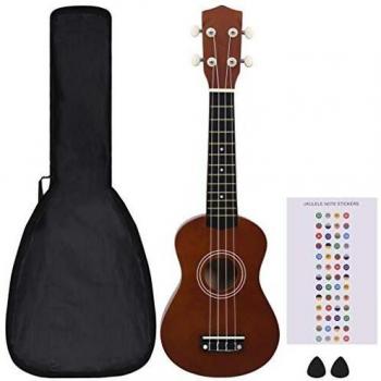 Set de Ukelele Soprano para Niños con Funda, Madera Clara, 21, Color Marrón Claro, Marrón Oscuro y Negro