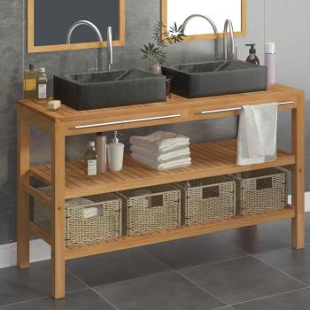 Mueble tocador de baño de madera maciza de teca con lavabos de mármol negro