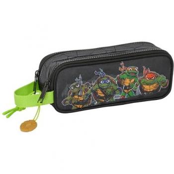 Portatodo Doble Tortugas Ninja Negro y Gris 21 x 8 x 6 cm, Estuche Infantil, Cómodo y Versátil