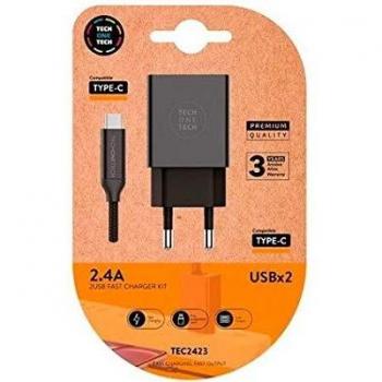 TECH ONE TECH Cargador Doble + Cable USB-C Tech One Tech, Negro