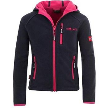 Trollkids Chaqueta de Polar Borgund XT con Capucha para Niñas, Color Azul Marino/Magenta Talla 2 años