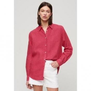 Camisa informal de lino rosa para mujer Superdry, corte boyfriend, manga larga, talla S