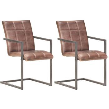 Silla voladiza comedor 2 uds cuero auténtico marrón envejecido