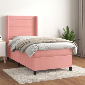 Cama box spring con colchón de muelles en terciopelo rosa 90x190 cm