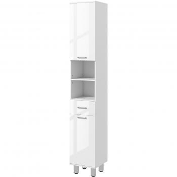 kleankin Mueble Auxiliar Baño Moderno Armario de Baño con 1 Cajón 3 Estantes Ajustables y 2 Armarios 30x30x180 cm Blanco Brillante