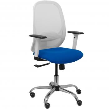Silla de Oficina P&C 354CRRP Azul Blanco Malla Respaldo Regulable Brazos Ajustables Base Cromada Ruedas para Parqué