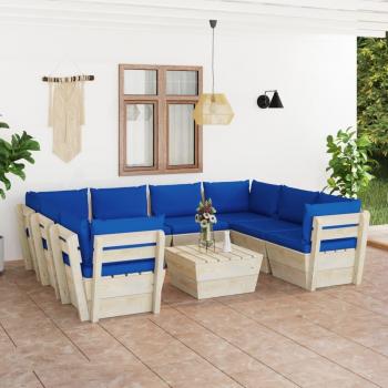 Conjunto de muebles de jardín de palets 9 piezas con cojines de madera de abeto