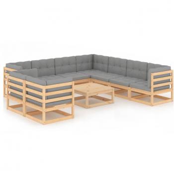 10-Piece Solid Pine Garden Lounge Set with Cushions