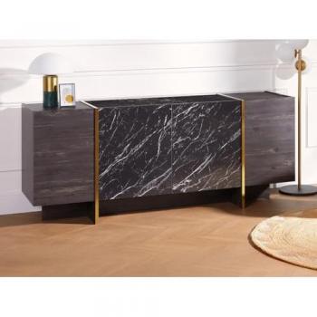 Aparador de 4 puertas - Efecto mármol negro, natural oscuro y dorado - CADEBA II