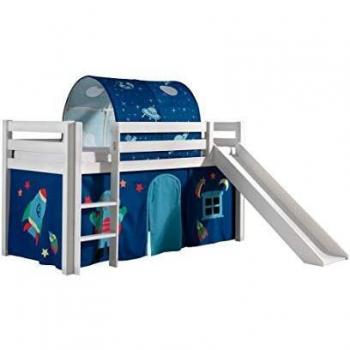 Cama infantil con tobogán 90x200 cm, tienda y túnel de pino macizo blanco modelo Astra