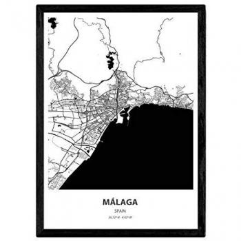 Póster Mapa de Málaga - España, Lámina en Color Negro con Mares y Ríos, Tamaño A4 sin Marco