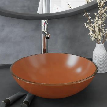 Lavabo con grifo y tapón pulsador de cristal templado marrón