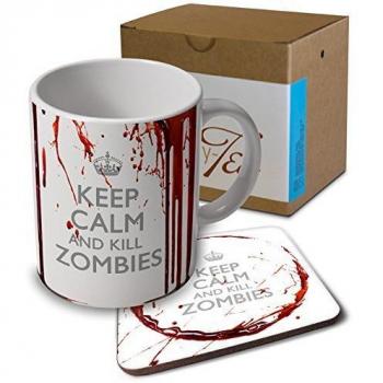 Verytea - Conjunto de taza y posavasos con diseño zombie con el texto en inglés: Keep Calm And Kill Zombies