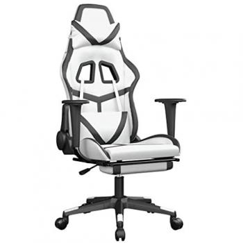 White and Black Faux Leather Gaming Chair with Footrest