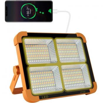 Reflector LED Recargable 100W 10000LM con Panel Solar y Batería de 16500mAh, Linterna Portátil para Camping y Trabajo