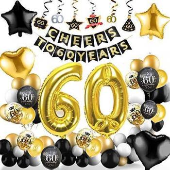 60 Cumpleaños Hombre Decoracion 60 Cumpleaños Globos Decoracion Fiesta 60 Cumpleaños Negro Oro Globos de Papel de Confeti de Látex para Hombre Mujer