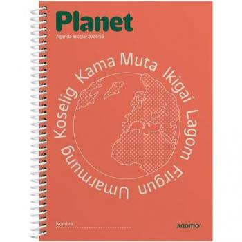 Agenda escolar Planet 2024-25 Additio, semana a la vista, en español, para primaria de 6 a 12 años, tamaño 15 x 21 cm, disponible en colores coral y aguamarina
