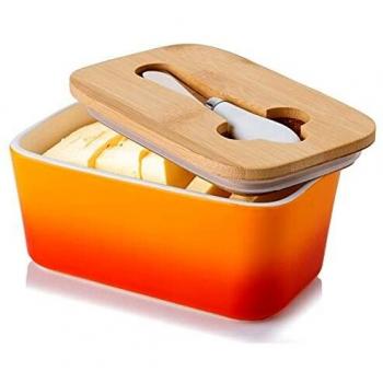 Candiicap Mantequillera de Porcelana con Cuchillo y Tapa de Madera, Contenedor Grande para Mantequilla, Recipiente Hermética para Todo Tipo de Mantequilla