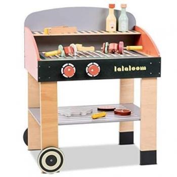 Cocinita infantil de madera natural con accesorios, BABYCUE, cocina juguete portátil para niños, juego simbólico diseño barbacoa estilo minimalista