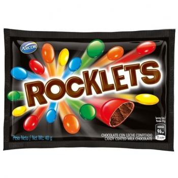Chocolate Confitado Rocklets 40 g - Caramelos de chocolate con forma de bolitas, recubiertos de una capa crujiente de caramelo, presentados en un envase de 40 gramos