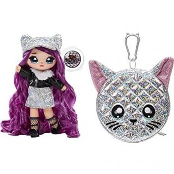Na! Na! Na! Surprise Moda 2-en-1 Serie Glam-Coleccionable-Muñeca con pelo morado, vestido negro y plateado y bolso con forma de gato-Chrissy Diamond, color 575344C3