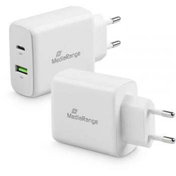 Cargador Rápido MediaRange 43W con USB-A y USB-C, Blanco (MRMA113)