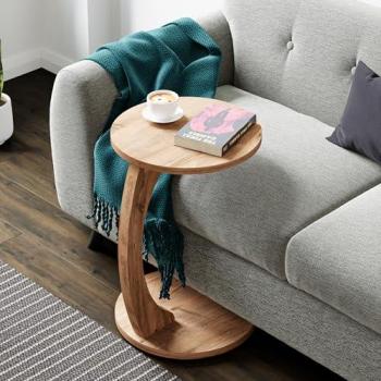 Mesa Auxiliar Holeby Redonda en Forma de C con 4 Ruedas, Efecto Madera, 56 x Ø 38 cm