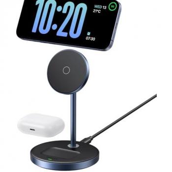 Cargador Inalámbrico 2 en 1 de 20W con Soporte Magnético para Teléfono y AirPods - Negro