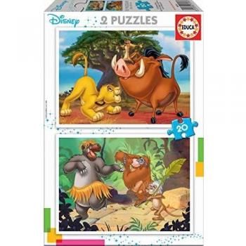 Educa - Disney Animals Rey Leon, el Libro de la Selva, Simba, Baloo 2 Puzzles x 20 Piezas, Multicolor