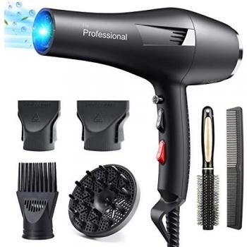 Happygoo Secador Pelo Profesional Iónico 2400W Secadores de Pelo Motor AC 3 Temperaturas 2 Velocidades, Botón Aire Frío, 2 Concentradores y 1 Difusor 2,5 Metros de Cable, Rápido Secado Cabello