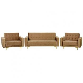 Conjunto de sala de estar moderno en terciopelo beige con sofá cama y 2 sillones reclinables, 3 piezas Aberdeen