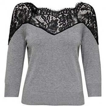 Only ONLALLY 3/4 Spring Pullover KNT Noos Sudadera, Medium Grey Melange/Detail:Black Lace, L para Mujer
