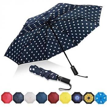 Amazon Brand - Eono Paraguas Plegable Automático Impermeable, Paraguas de Viaje a Prueba de Viento, Folding Umbrella, Recubrimiento de Teflón&Dosel Reforzado, Mango Ergonómico - Azul/Punto Blanco