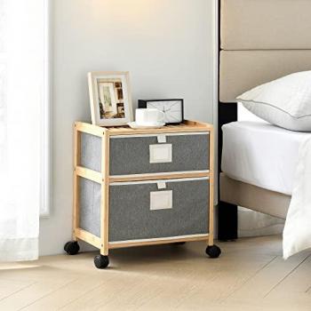 Cajonera de Bambú Noorliit con 2 Cajones de Poliéster y 4 Ruedas, Organizador Auxiliar 47 x 41 x 29 cm Gris Natural