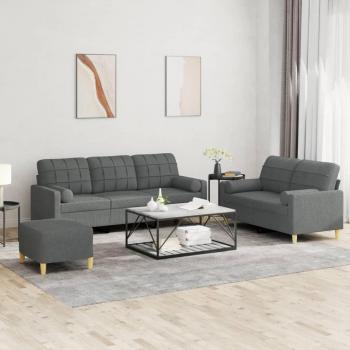 3-Piece Dark Grey Fabric Sofa Set with Cushions
