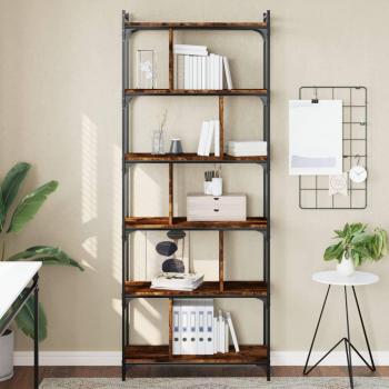 Librería de 6 estantes de madera de ingeniería en color negro, roble sonoma y roble ahumado, dimensiones 76x32x192 cm, mueble de almacenaje ideal para oficina, estudio o dormitorio